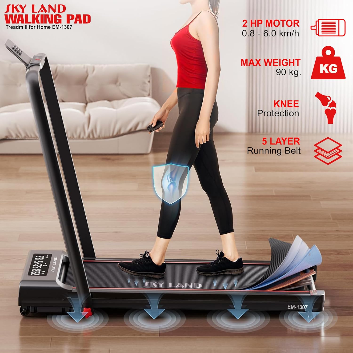 Under Desk Treadmill Walking Pad with 2HP Motor | Foldable Treadmill With Bluetooth, LED Display & Remote Control | Running Machine 2 Speed Modes for Home & Office, EM-1307 - Image 3