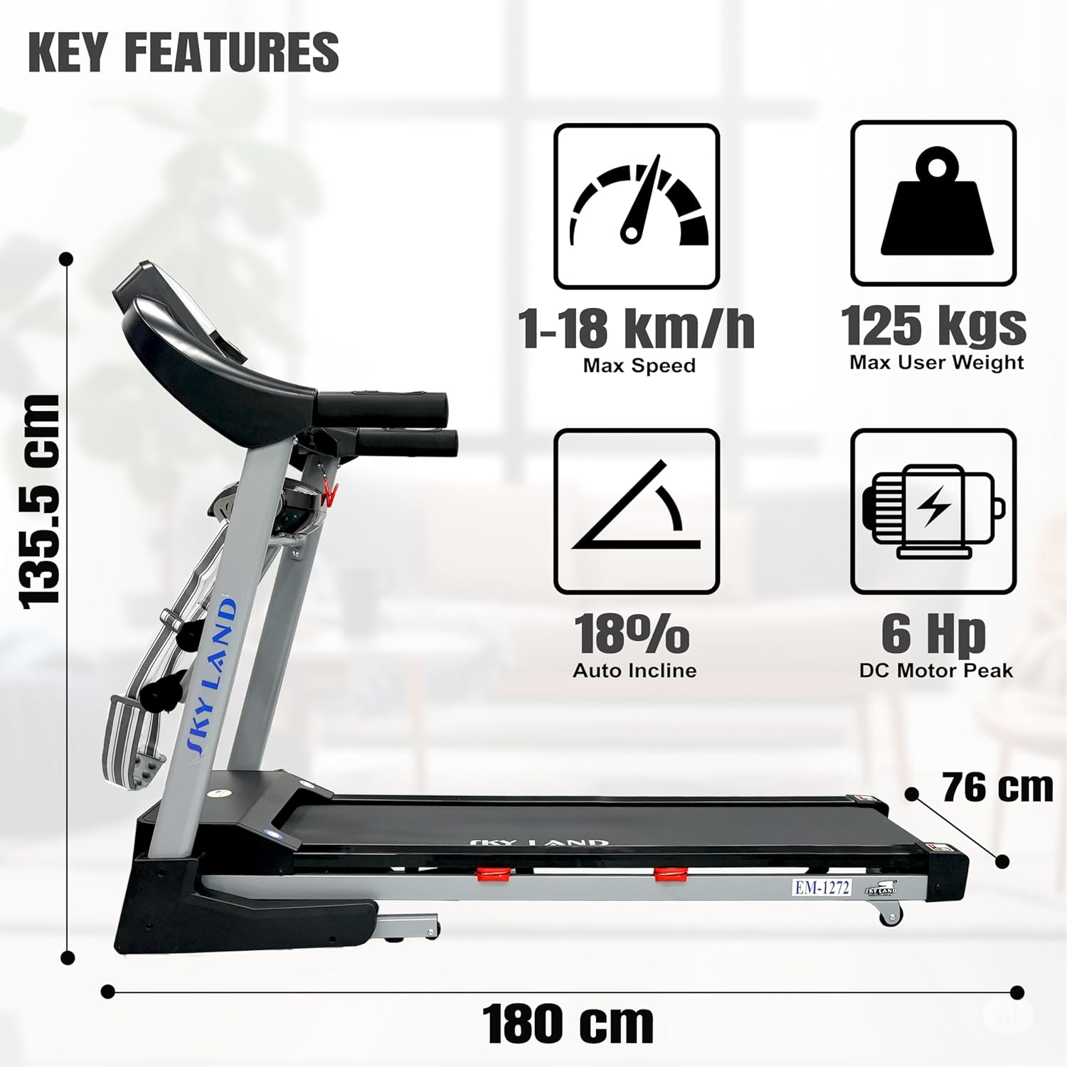 Foldable Treadmill | 5.5 HP Peak DC Motor, Built-in Massager & Bluetooth Speaker, Automatic 18% Incline | Home & Office Running Machine EM-1272 - Image 9