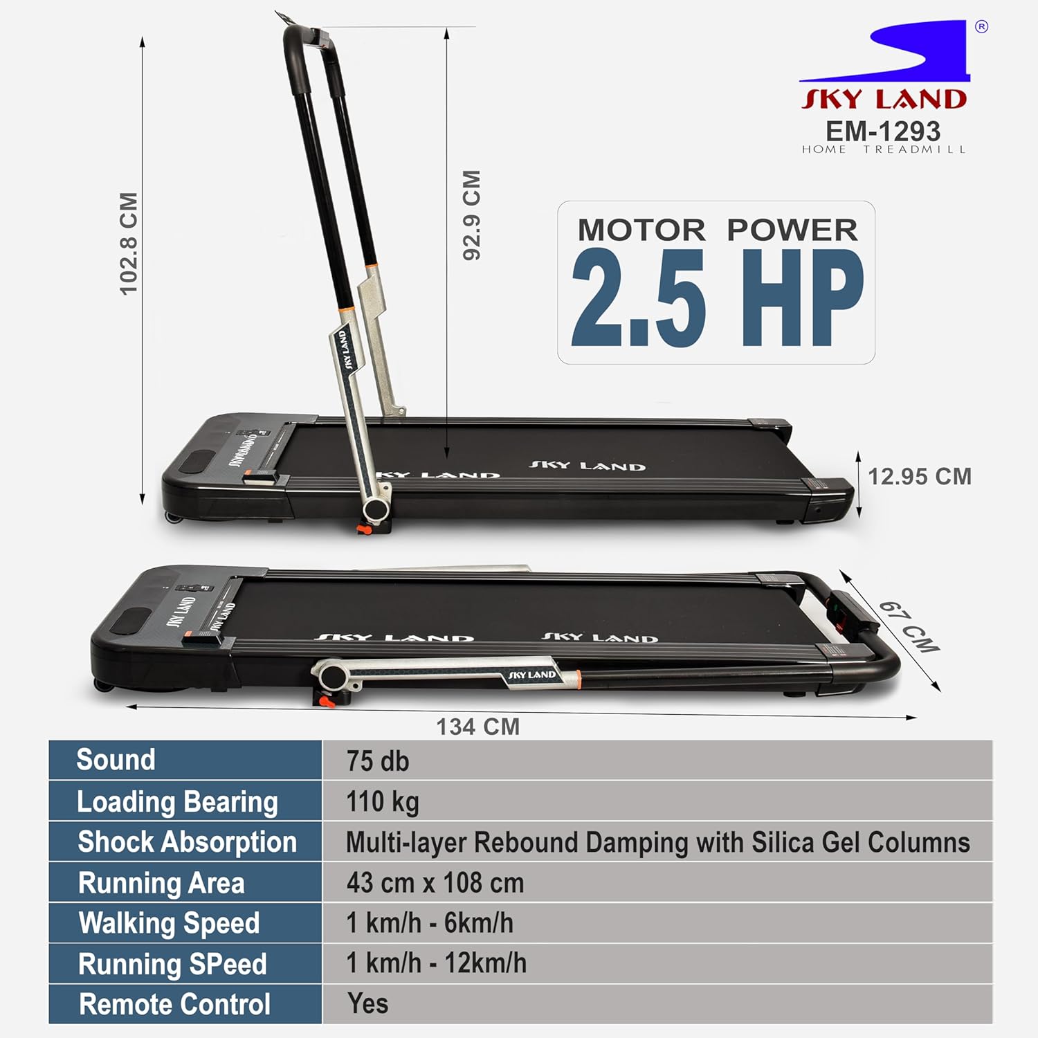 2-in-1 Under Desk Treadmill, Foldable 2.5 HP Walking Pad with Remote Control, Super Slim Quiet Running Machine for Home & Office EM-1293 - Image 7