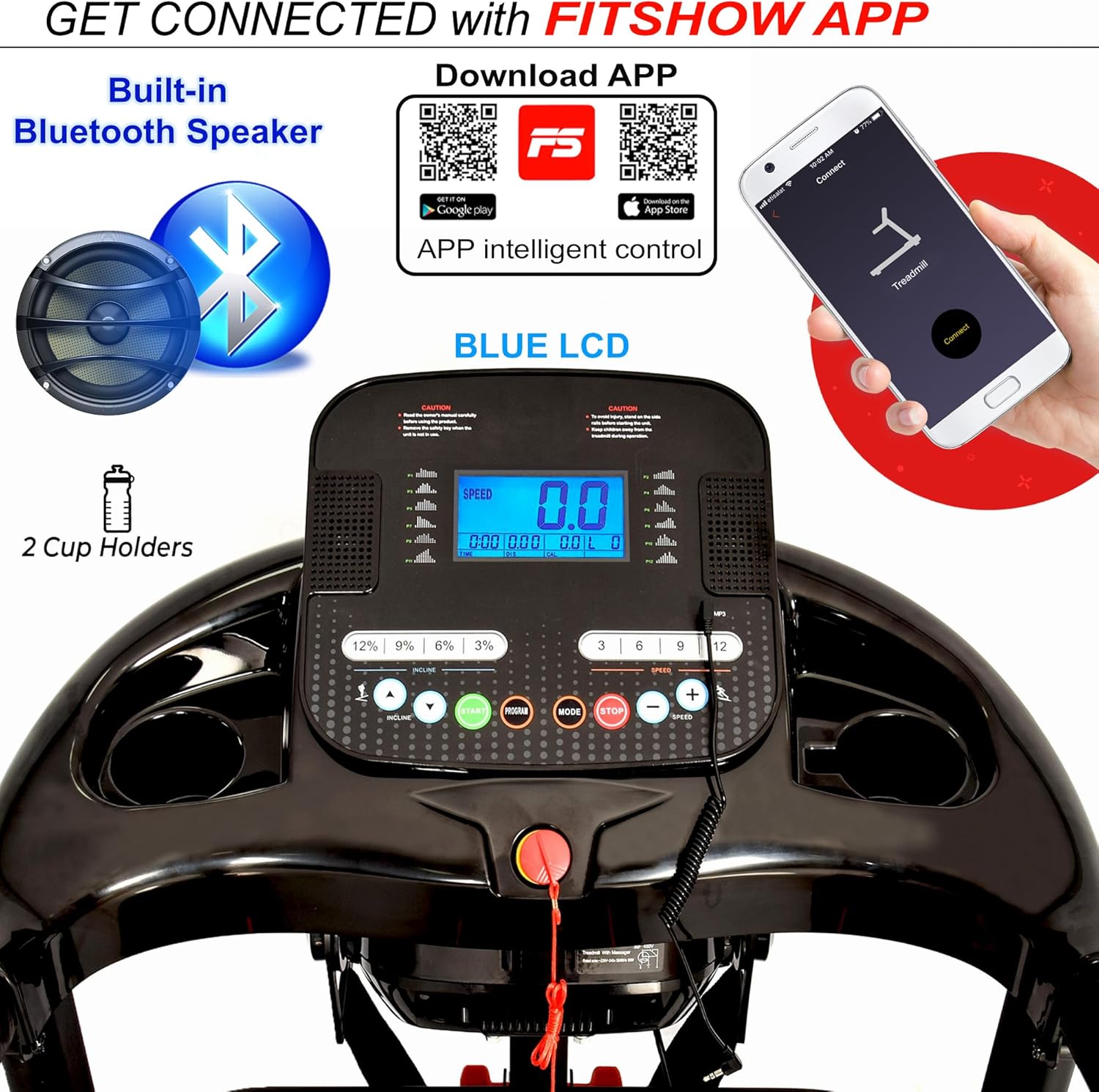 Treadmill 5HP Peak Motor Running Machine with Auto Incline, Foldable Treadmill for Home Gym, Bluetooth FitShow App, Massager & Dumbbells, 16 km/h Speed, 120kg Capacity EM-1255 - Image 6