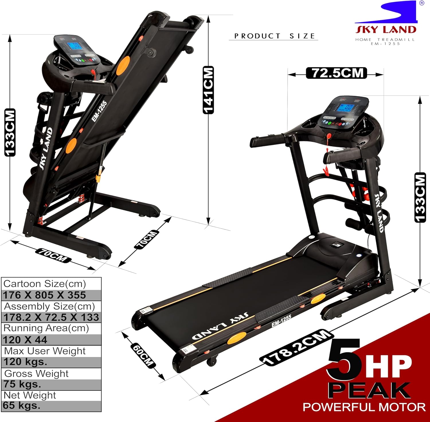 Treadmill 5HP Peak Motor Running Machine with Auto Incline, Foldable Treadmill for Home Gym, Bluetooth FitShow App, Massager & Dumbbells, 16 km/h Speed, 120kg Capacity EM-1255 - Image 10