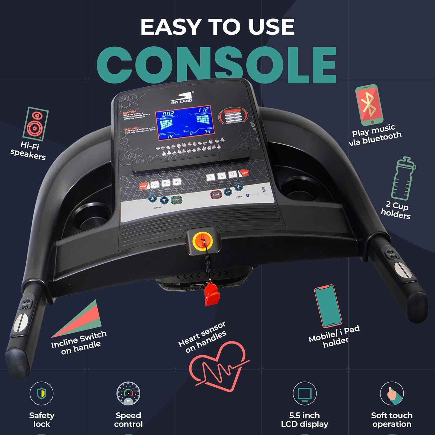 Foldable Treadmill | 5.5 HP Peak DC Motor, Built-in Massager & Bluetooth Speaker, Automatic 18% Incline | Home & Office Running Machine EM-1272 - Image 6