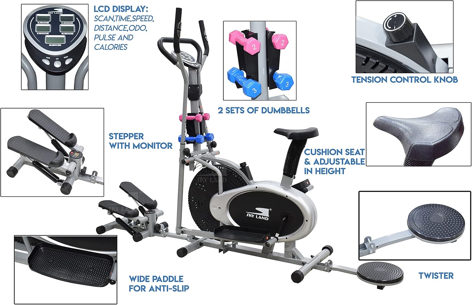 5-in-1 Orbitrek Exercise Bike | Elliptical Cycle with Stepper, Twister & Dumbbells | Adjustable Resistance | LCD Monitor & Cushioned Seat | Full-Body Home Gym Workout | EM-1133 - Image 4